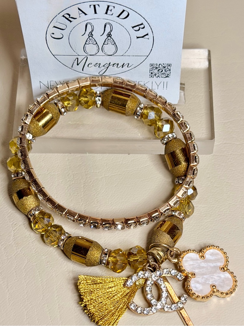 CC Gold Beaded Multi-Strand Charm Bracelet and Tennis Elastic Bracelet